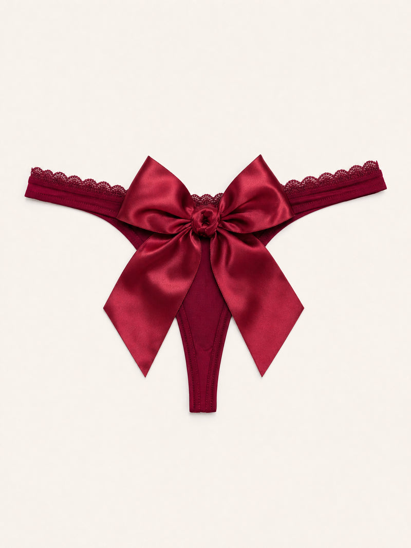 Deep Red Satin Bodysuit with Lace Trim and Bow Detail