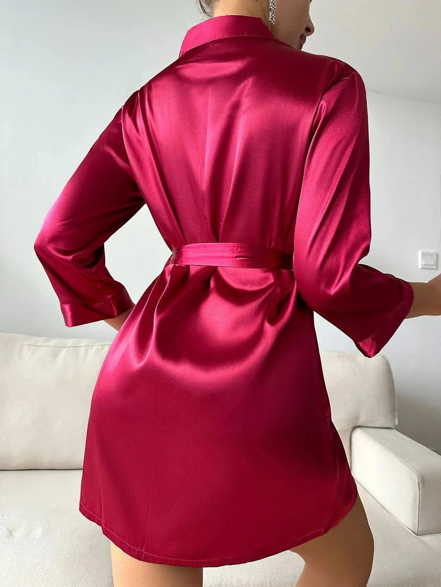 Deep Red Satin Kimono Robe with Glossy Finish-Kimono Robe-Bellascena-bellascena
