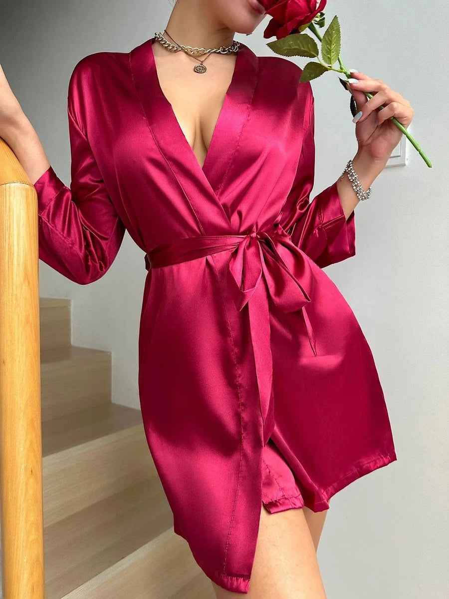 Deep Red Satin Kimono Robe with Glossy Finish-Kimono Robe-Bellascena-bellascena