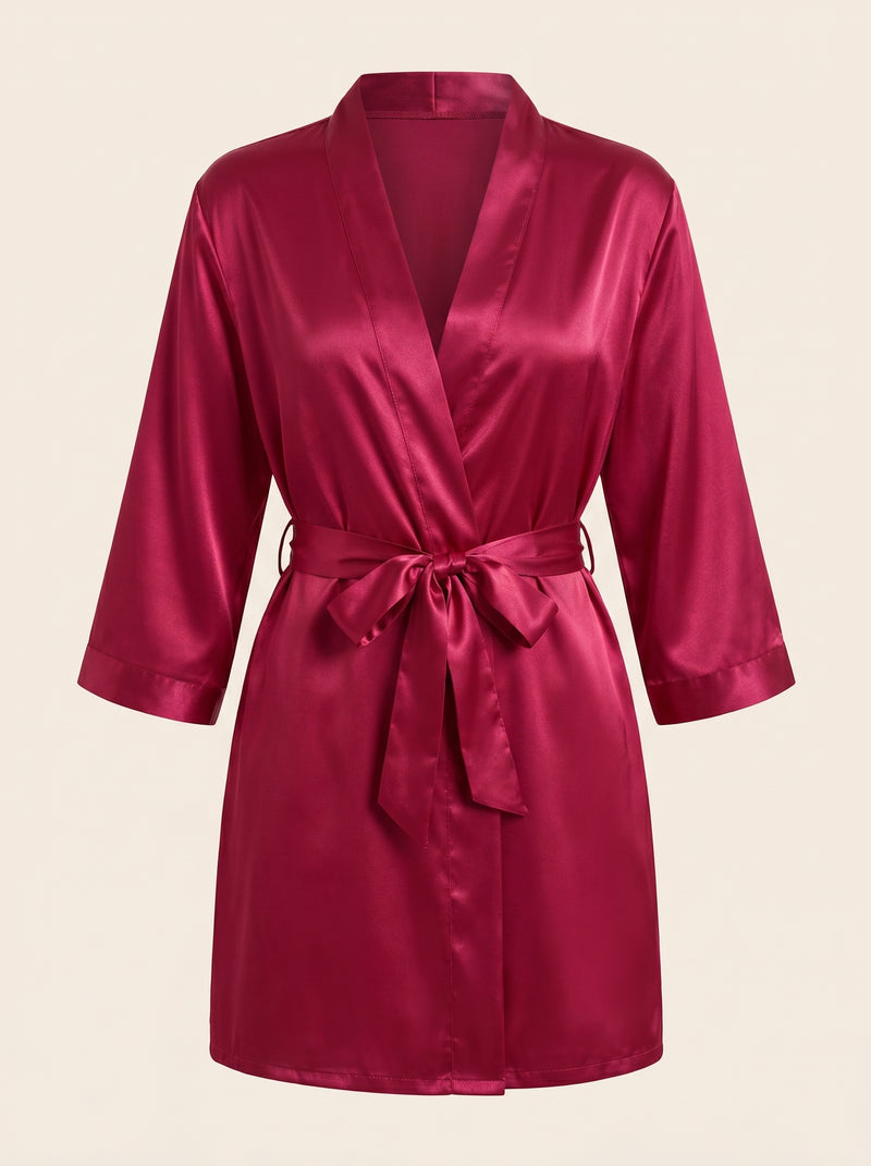 Deep Red Satin Kimono Robe with Glossy Finish