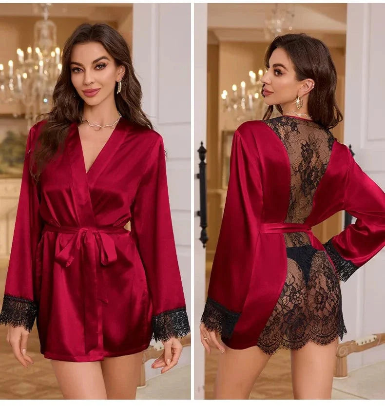 Deep Red Satin Kimono Robe with Lace Cuffs-Kimono Robe-Bellascena-bellascena