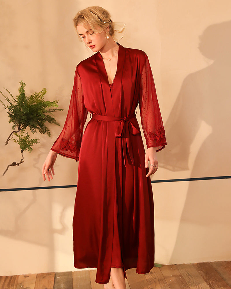 Deep Red Satin Kimono Robe with Lace Trim and Sheer Sleeves-Kimono Robe-Bellascena-bellascena