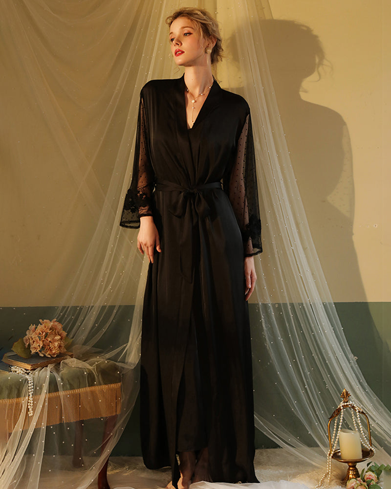 Deep Red Satin Kimono Robe with Lace Trim and Sheer Sleeves-Kimono Robe-Bellascena-Black-S-bellascena