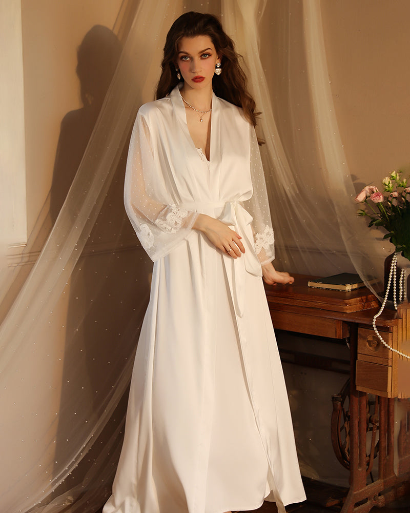 Deep Red Satin Kimono Robe with Lace Trim and Sheer Sleeves-Kimono Robe-Bellascena-White-S-bellascena