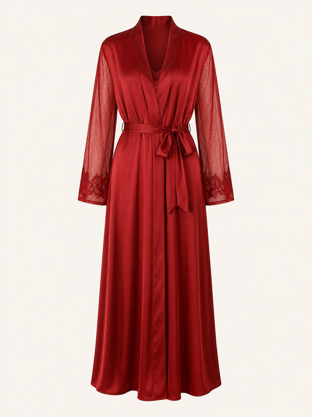 Kimono peignoir rouge foncé en satin avec bordure en dentelle et manches transparentes