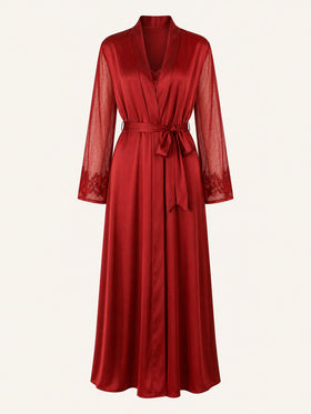 Deep Red Satin Kimono Robe with Lace Trim and Sheer Sleeves-Kimono Robe-Bellascena-Wine Red-S-bellascena