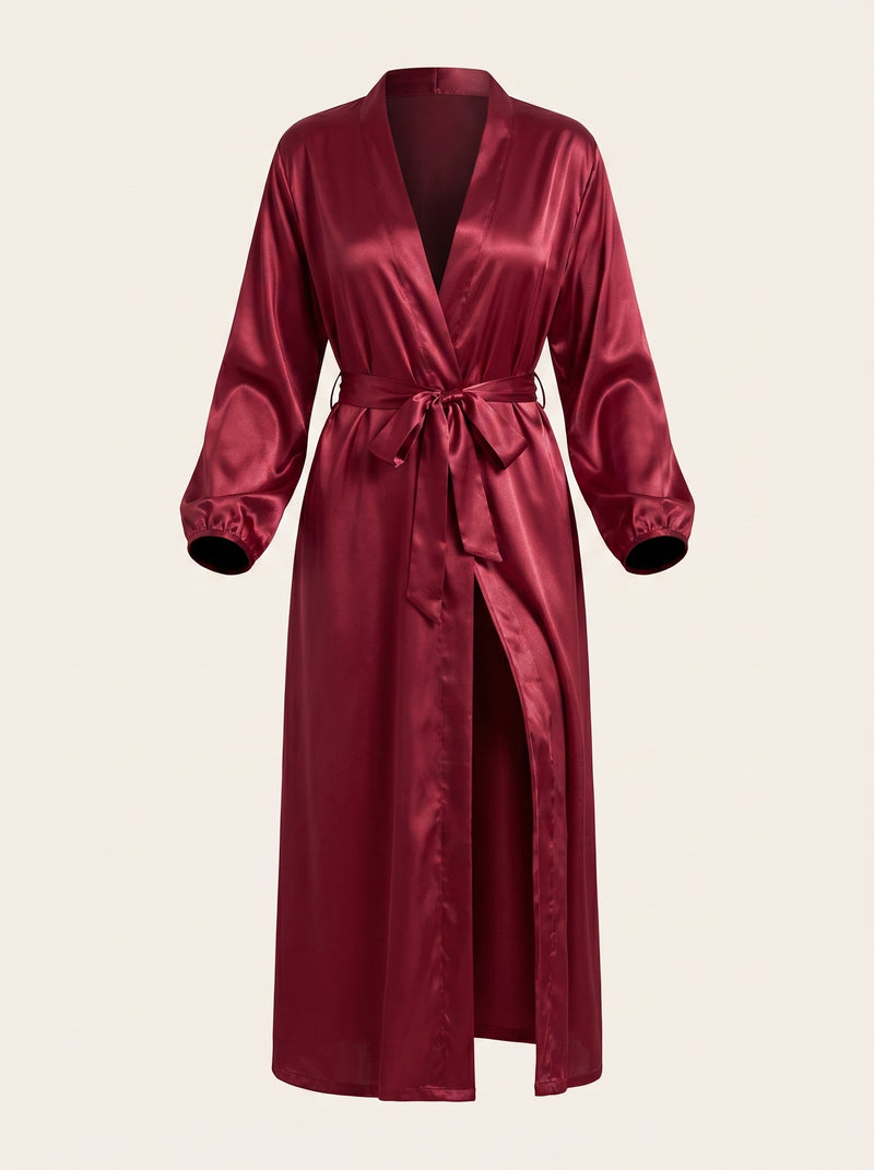 Deep Red Satin Kimono Robe with Tie Belt