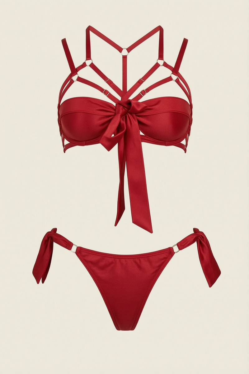 Deep Red Satin Lingerie Set with Strappy Bow Details