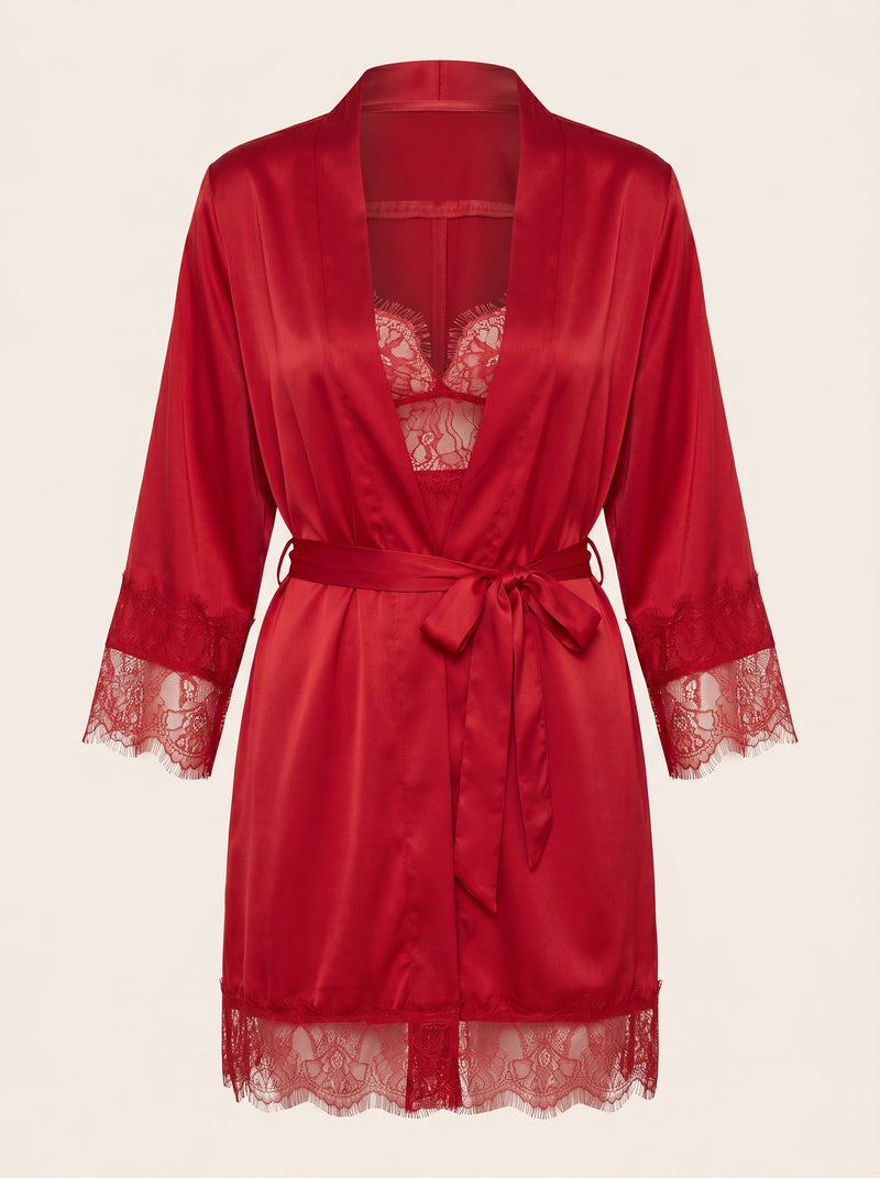 Completo camicia da notte e vestaglia rosso intenso in raso con bordino in pizzo