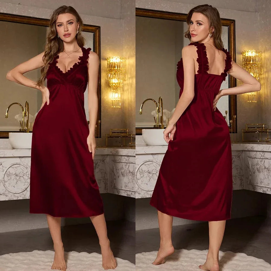 Deep Red Satin Nightgown with Lace Detail and Ruffles-Nightgown-Bellascena-bellascena
