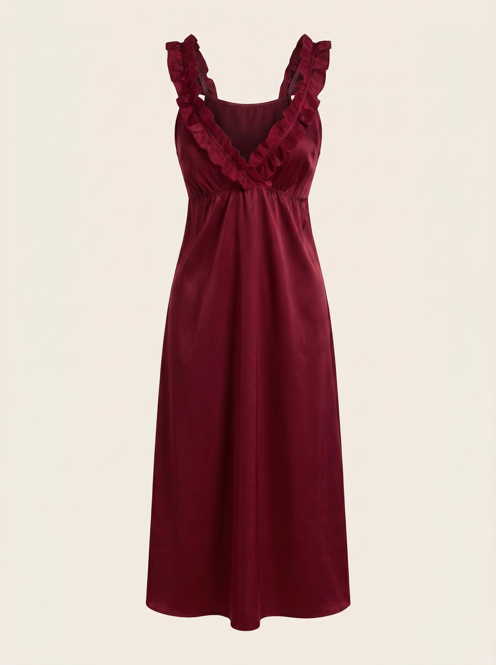 Deep Red Satin Nightgown with Lace Detail and Ruffles
