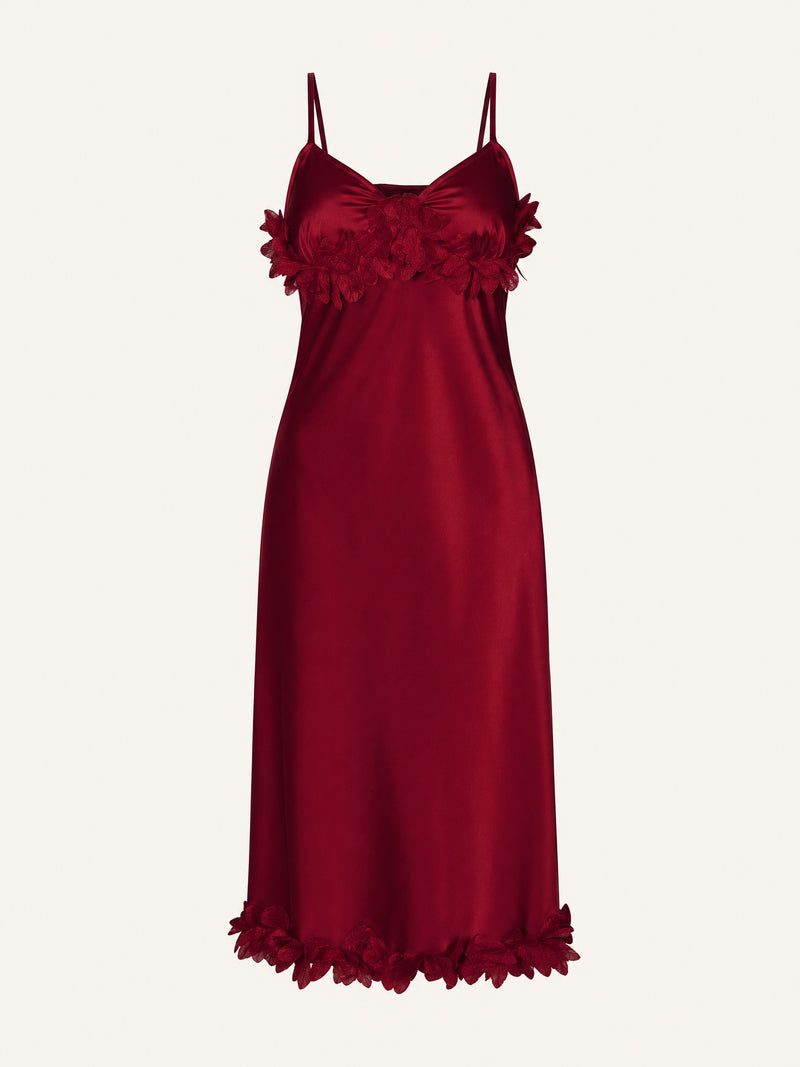 Deep Red Satin Nightgown with Lace Trim