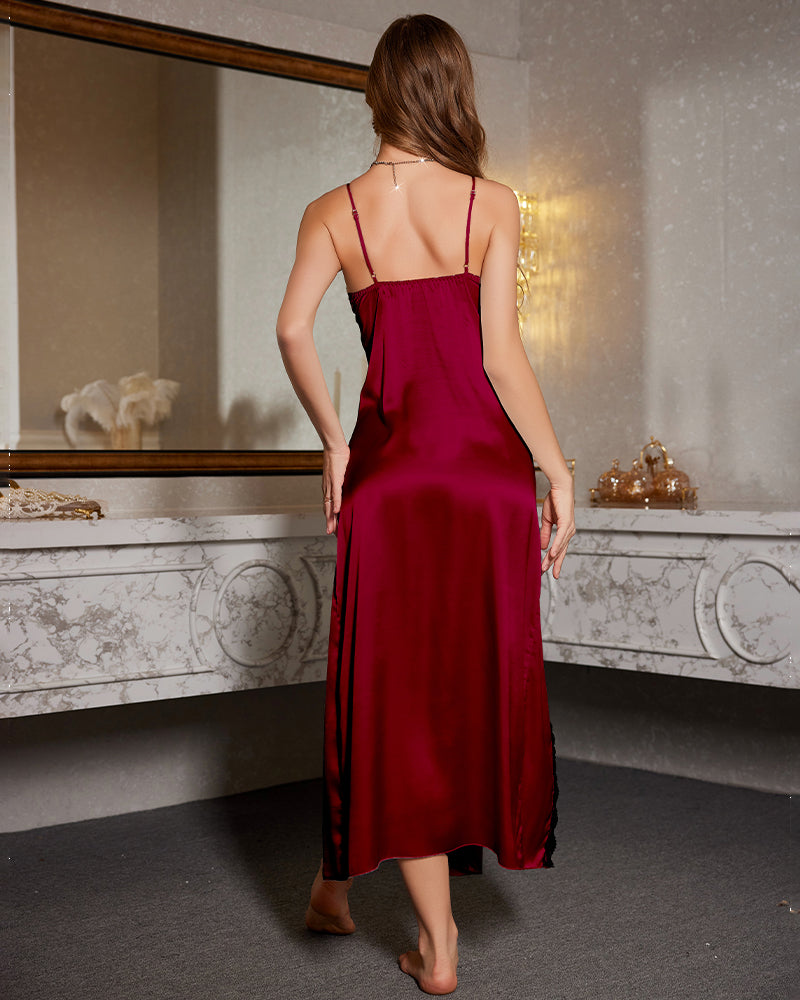 Deep Red Satin Nightgown with Lace Trim and High Slit-Nightgown-Bellascena-bellascena