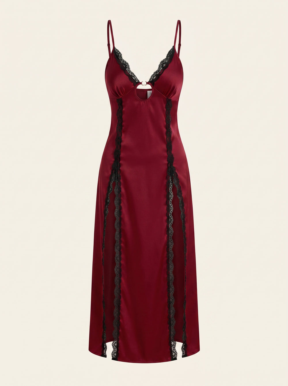 Deep Red Satin Nightgown with Lace Trim and High Slit