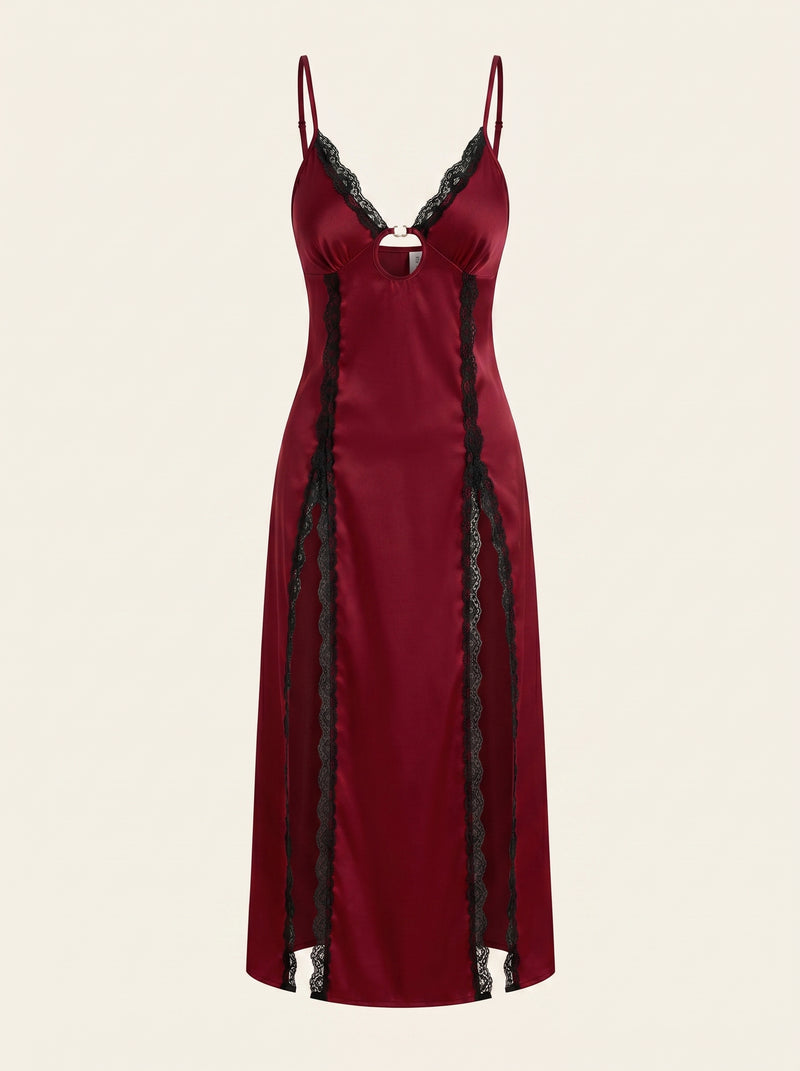 Deep Red Satin Nightgown with Lace Trim and High Slit