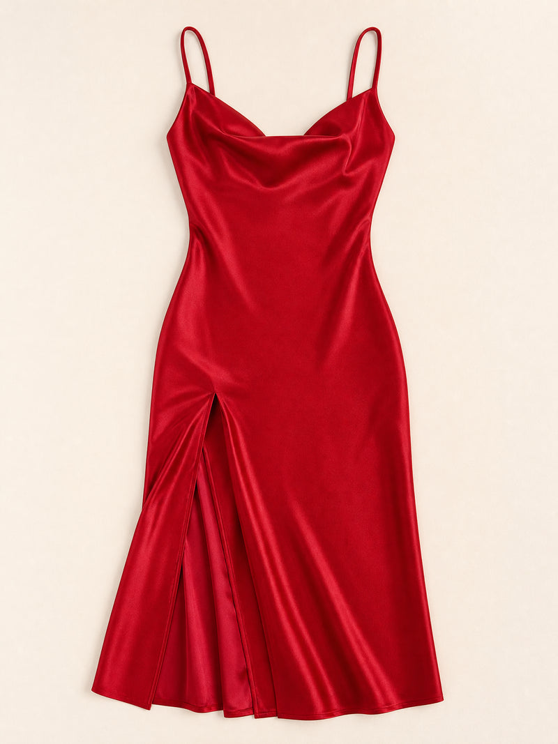 Camicetta da notte rosso intenso in raso con spacco e scollo drappeggiato
