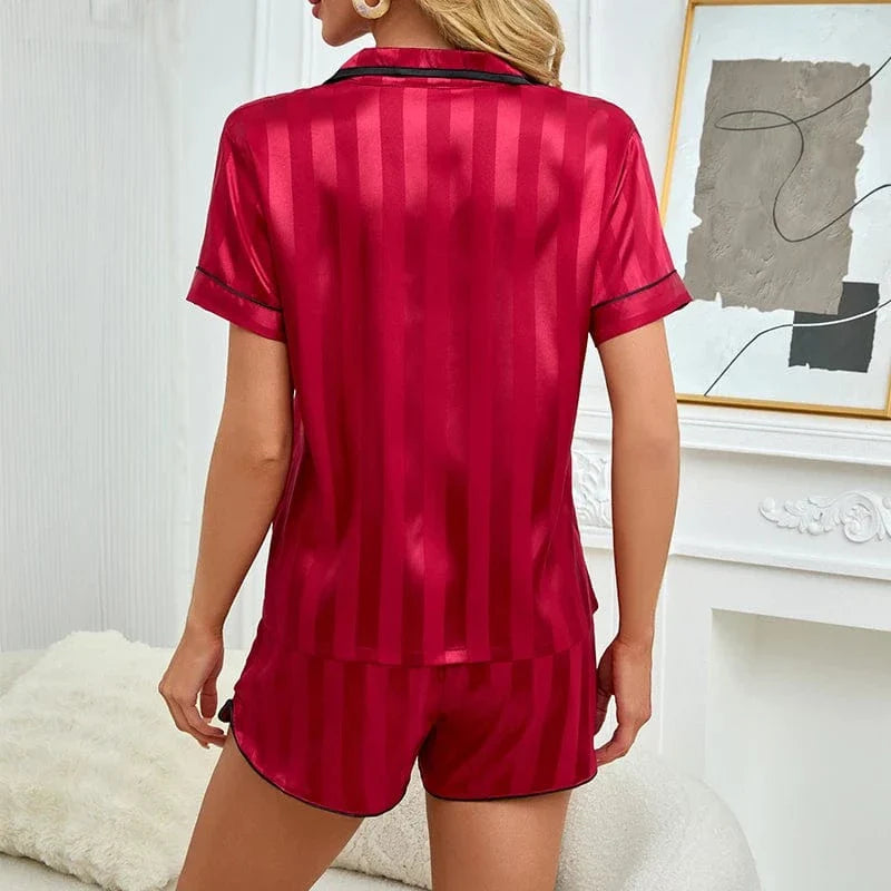 Deep Red Satin Pajama Set with Contrast Piping-Pajama Set-Bellascena-bellascena