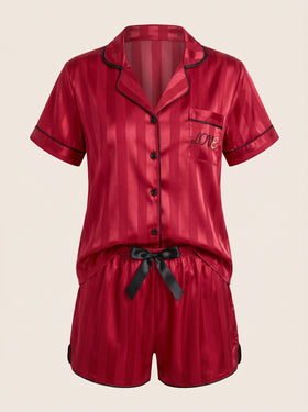 Deep Red Satin Pajama Set with Contrast Piping-Pajama Set-Bellascena-Red-S-bellascena