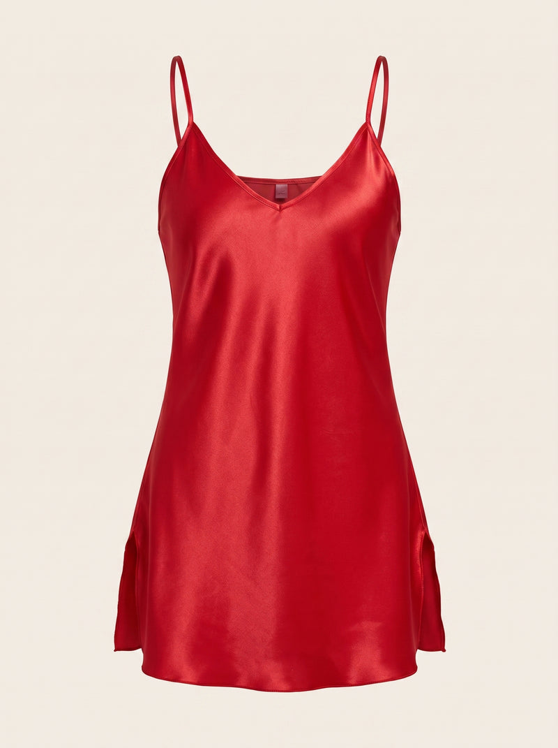 Camicetta da notte rosso intenso in raso con spalline e scollo a V