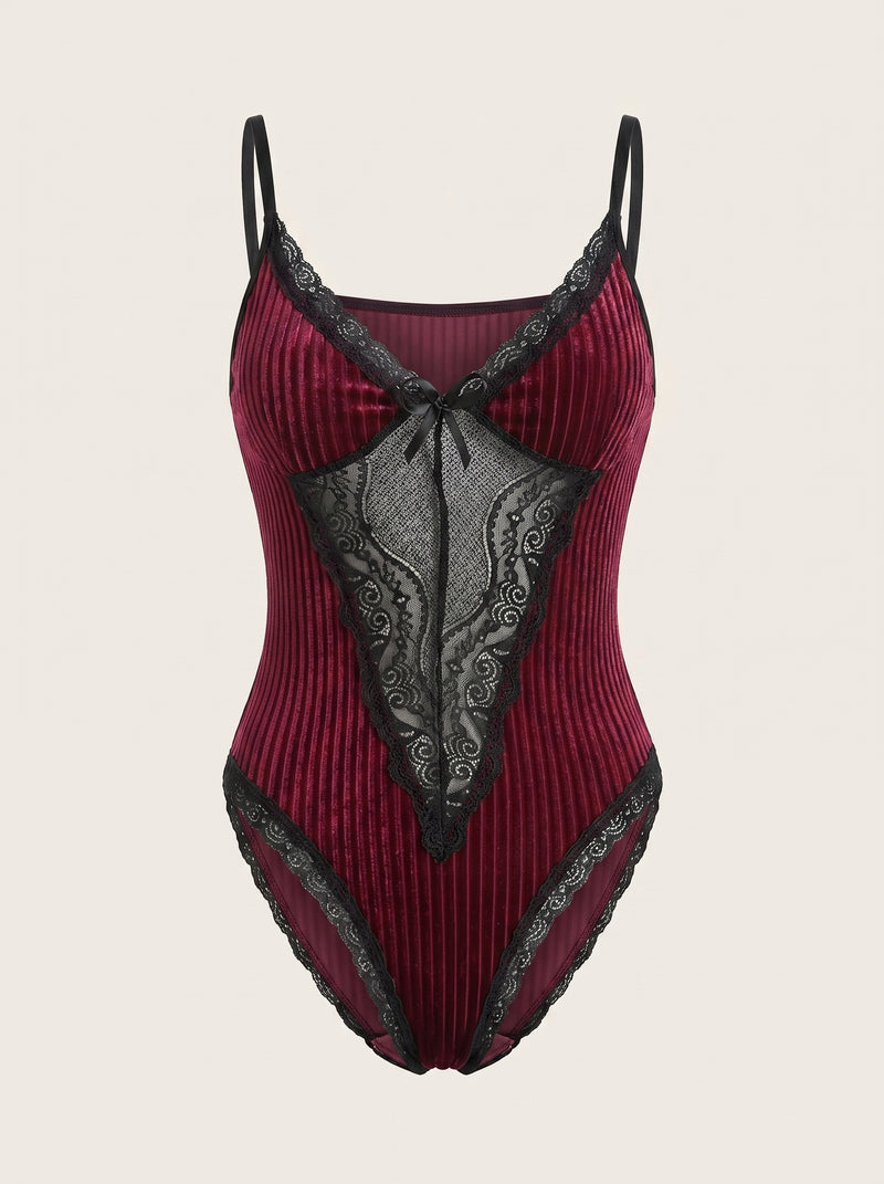 Deep Red Velvet Bodysuit with Strappy Lace Detail