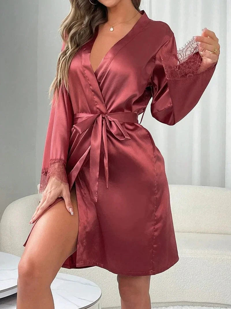 Deep Rose Satin Kimono Robe with Lace Trim-Kimono Robe-Bellascena-bellascena