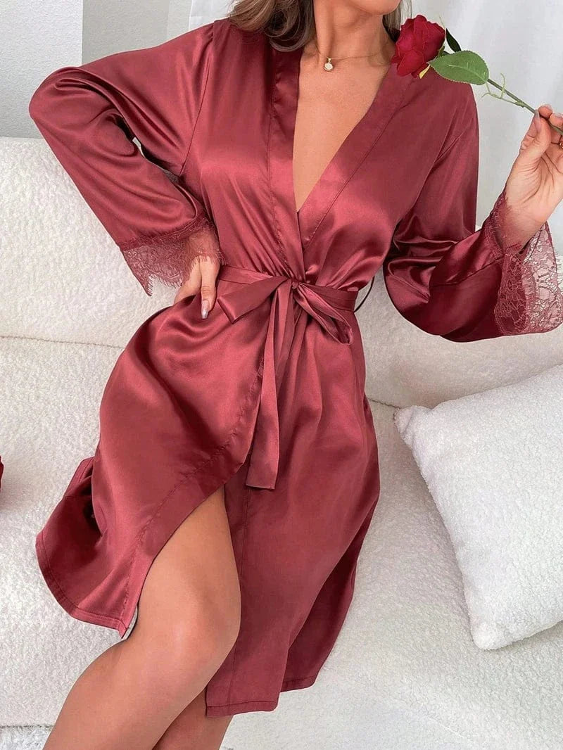 Deep Rose Satin Kimono Robe with Lace Trim-Kimono Robe-Bellascena-bellascena