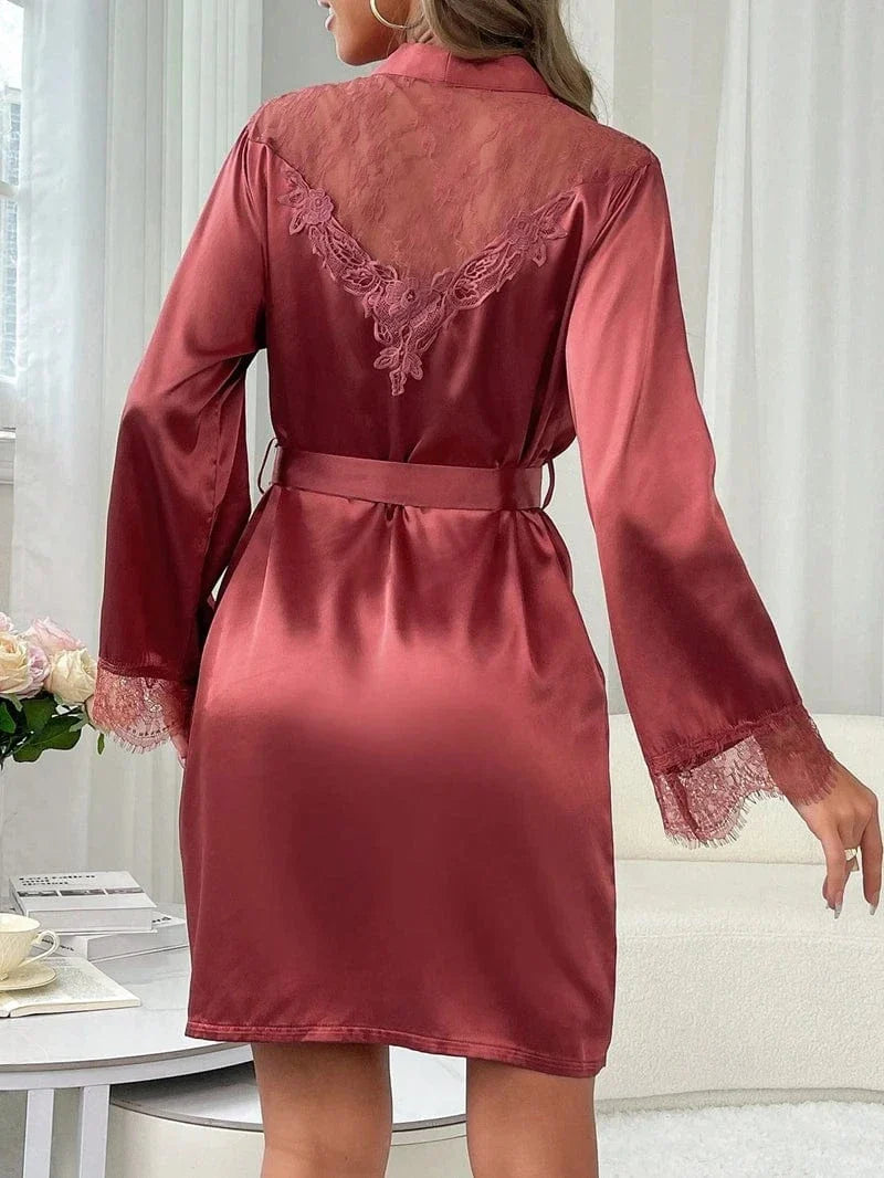Deep Rose Satin Kimono Robe with Lace Trim-Kimono Robe-Bellascena-bellascena