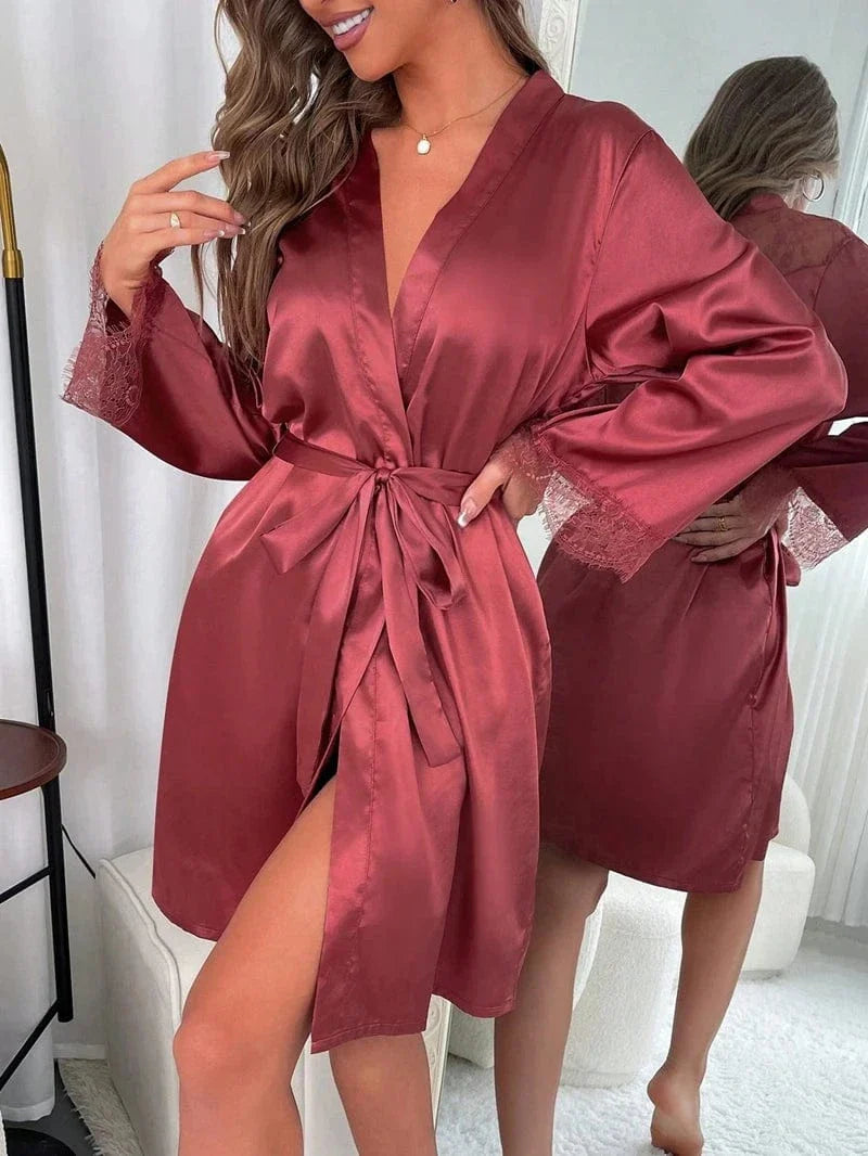 Deep Rose Satin Kimono Robe with Lace Trim-Kimono Robe-Bellascena-bellascena