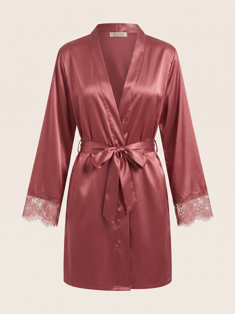 Deep Rose Satin Kimono Robe with Lace Trim