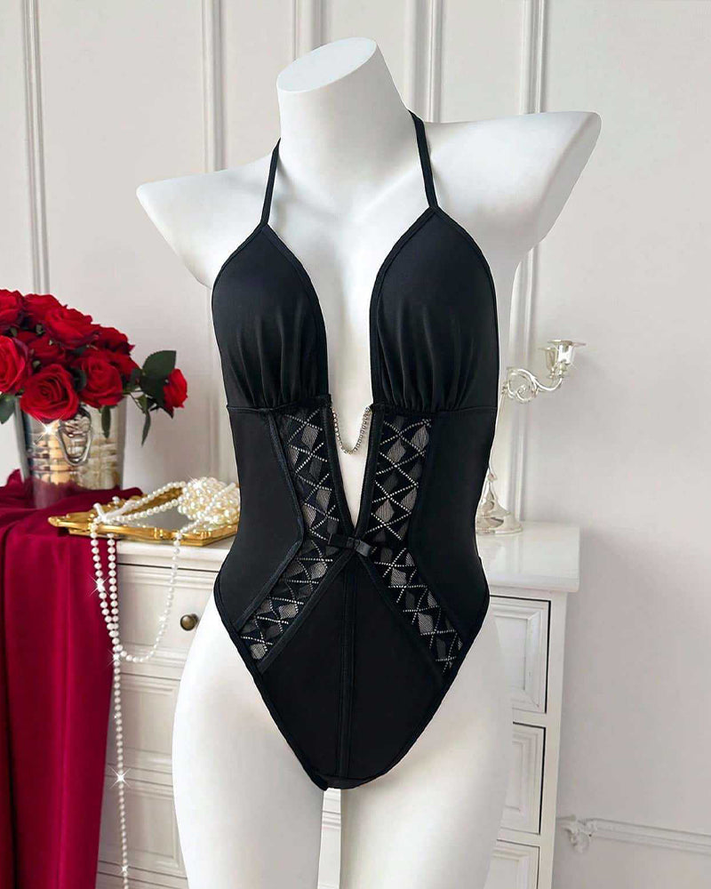 Deep V Black Satin Bodysuit with Lace Inserts-Bodysuit-Bellascena-bellascena