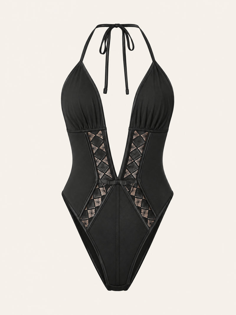 Deep V Black Satin Bodysuit with Lace Inserts