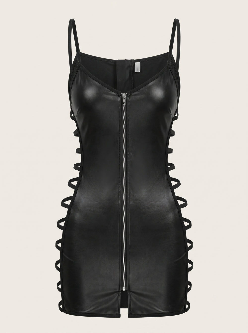 Zwarte mini-jurk met wetlook, ritssluiting aan de voorkant en veters aan de zijkanten