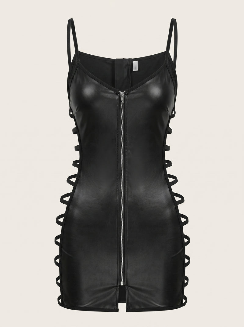 Deep V Black Satin Chemise with Strappy Detail