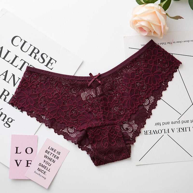 Delicate Floral Lace Panty with Scalloped Edges-Panty-Bellascena-Burgundy-S/M-bellascena