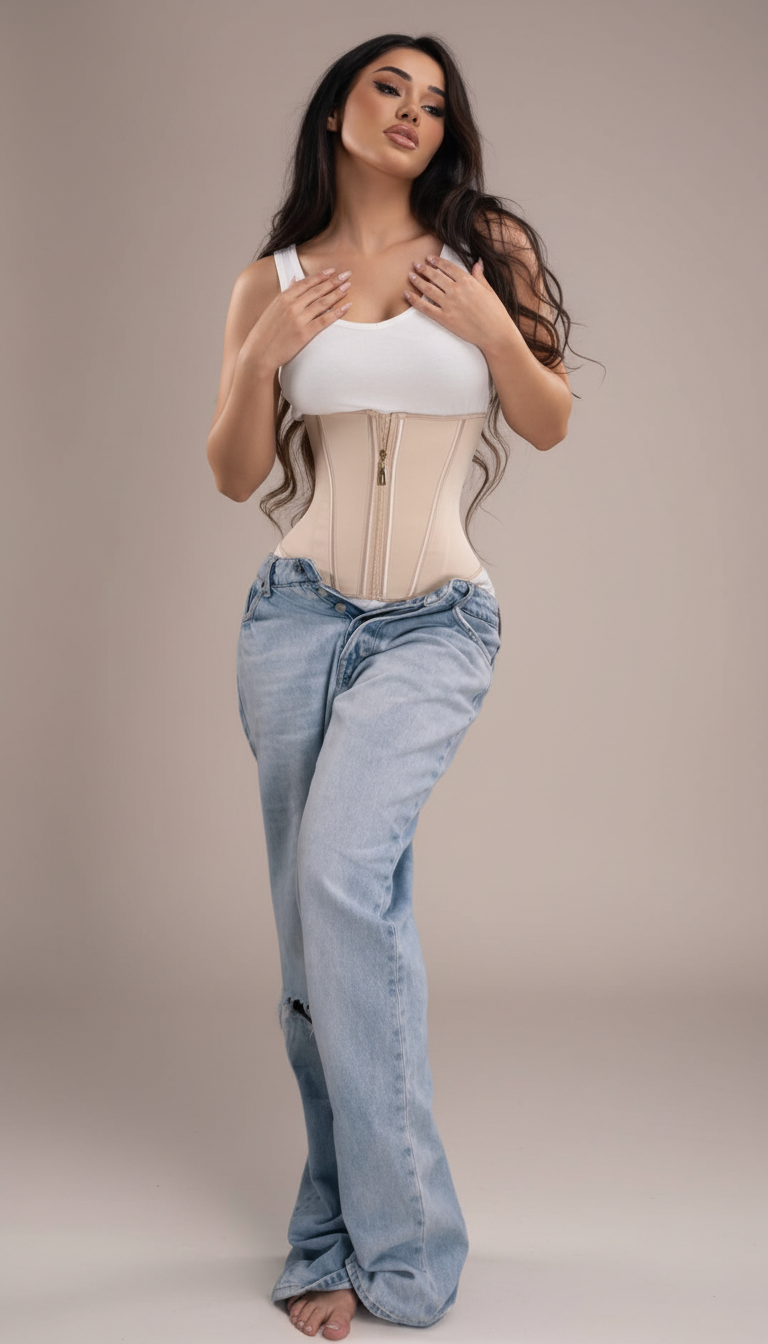 Double Compression Beige Synthetic Shapewear with Zipper-Shapewear-Bellascena-bellascena