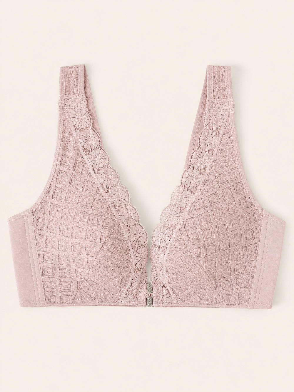 Reggiseno in pizzo rosa cipria con doppia chiusura e motivo geometrico