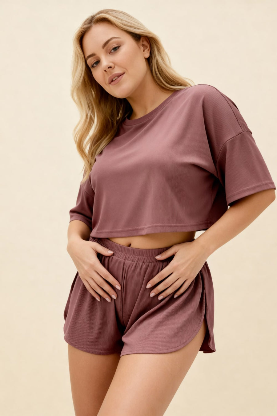 Dusty Mauve Cotton Pajama Set with Elastic Waistband-Pajama Set-Bellascena-bellascena