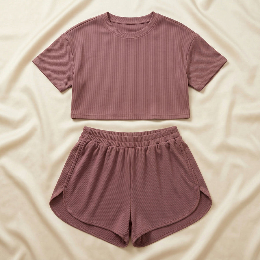 Dusty Mauve Cotton Pajama Set with Elastic Waistband-Pajama Set-Bellascena-bellascena