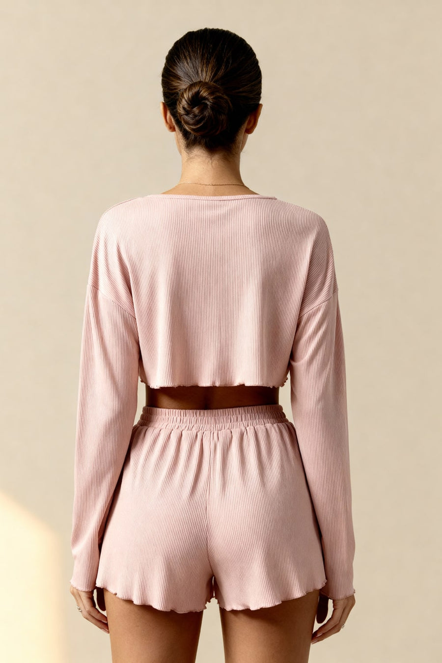 Dusty Pink Cotton Pajama Set with Ribbed Texture-Pajama Set-Bellascena-bellascena