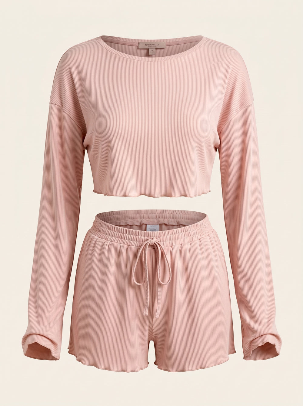 Completo pigiama rosa cipria in cotone con texture a coste