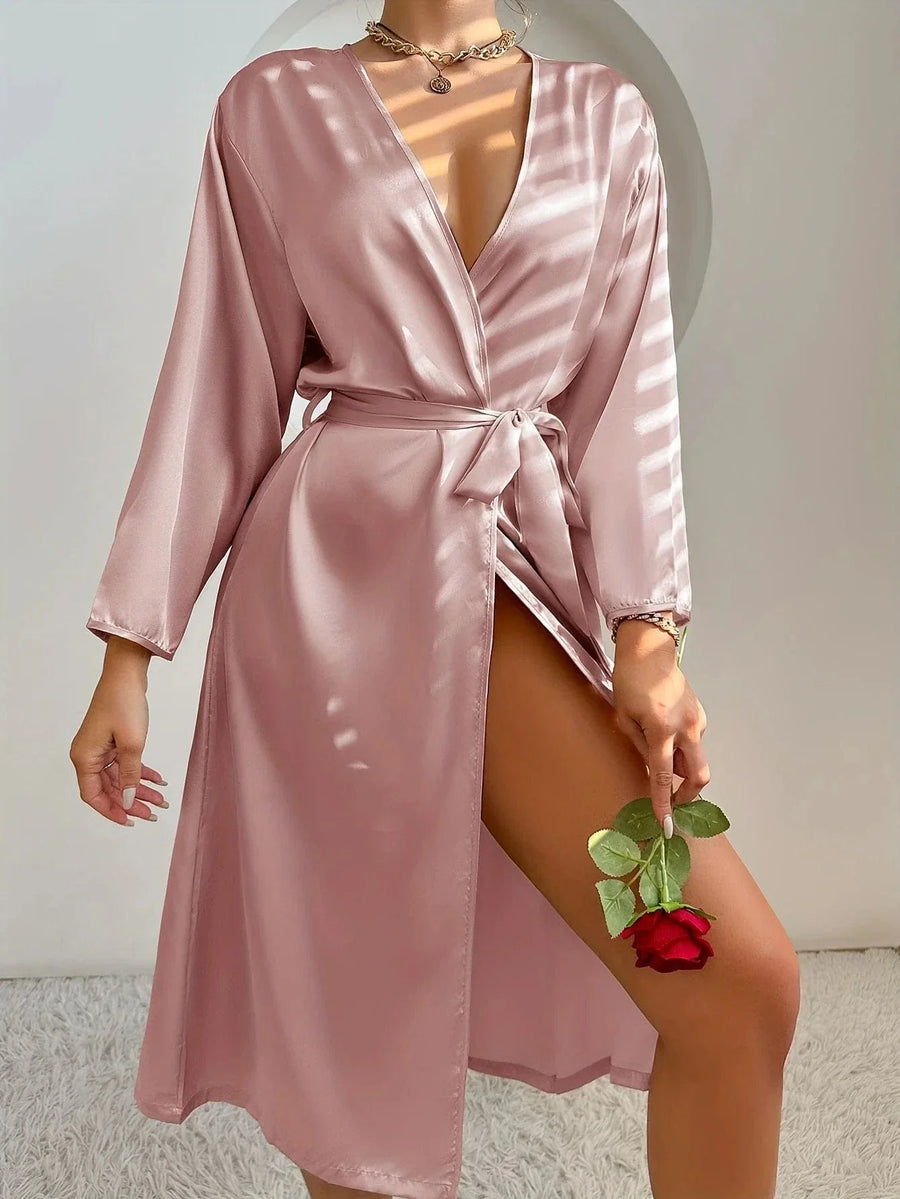 Dusty Pink Satin Kimono Robe with Tie Belt-Kimono Robe-Bellascena-bellascena