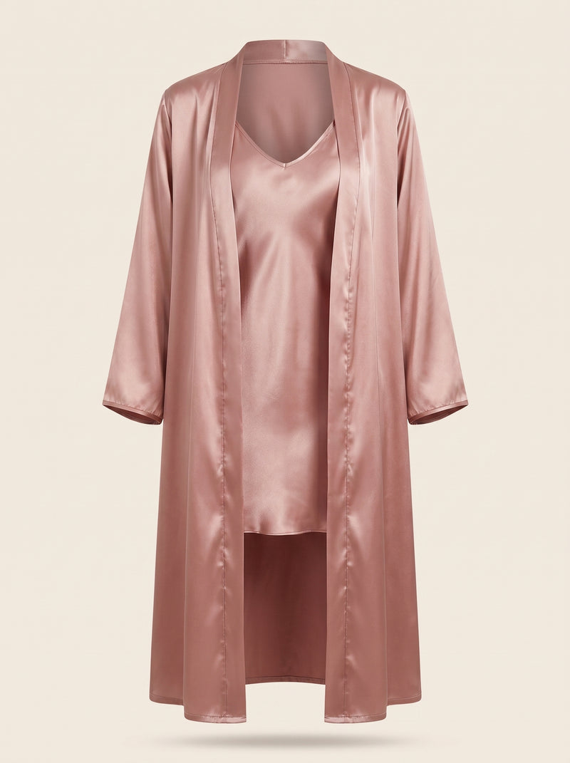 Dusty Pink Satin Kimono Robe with Tie Belt