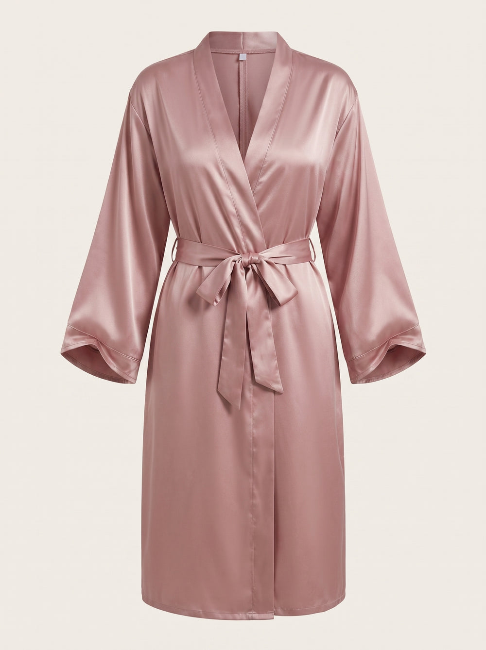 Robe kimono rose poudré en satin avec ceinture à nouer