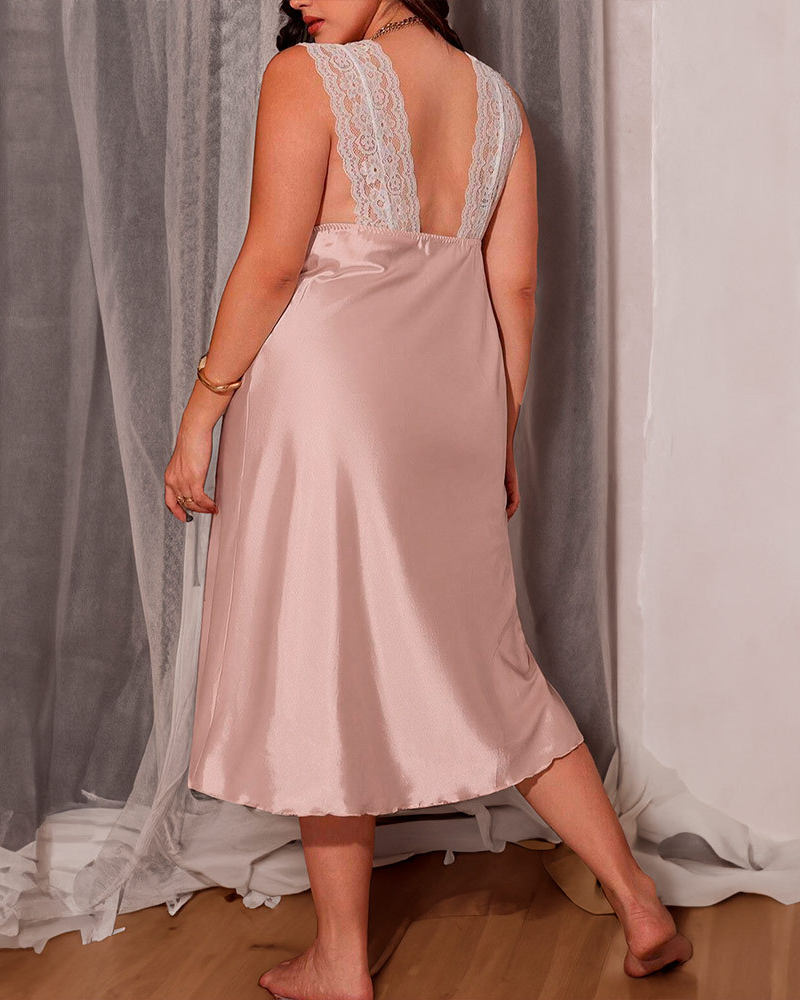 Dusty Pink Satin Nightgown with Lace Back-Nightgown-Bellascena-bellascena