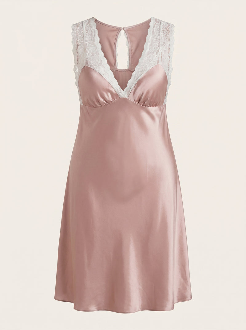 Camicia da notte in raso rosa cipria con schiena in pizzo