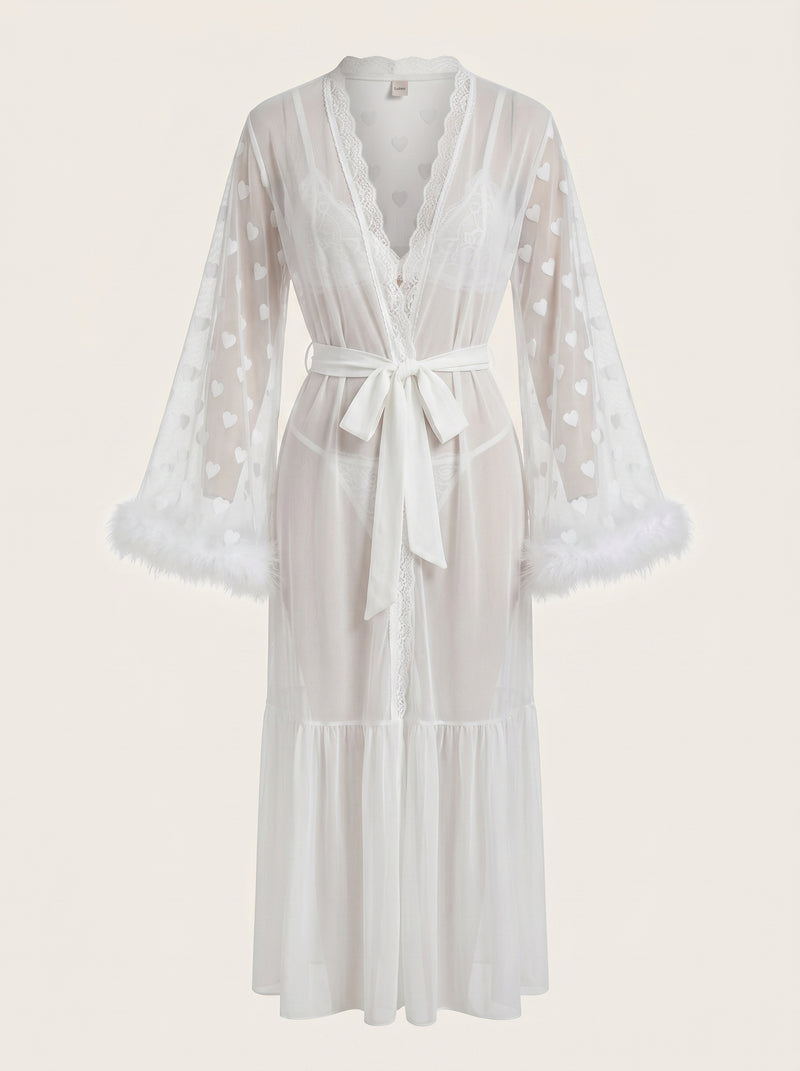Effortless Allure Black Mesh Nightgown with Heart Print