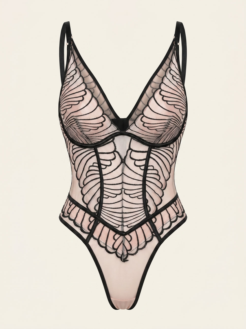 Elegante body in tulle nero ricamato con dettagli a spalline