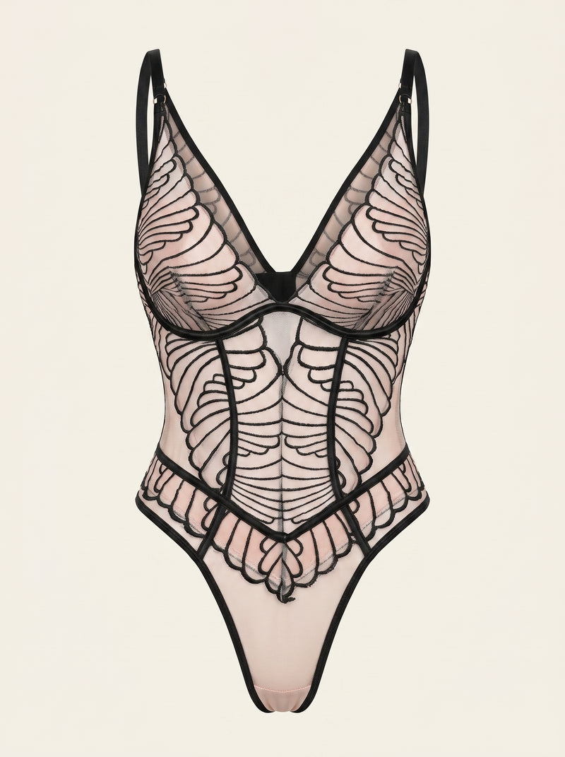 Elegant Black Embroidered Mesh Bodysuit with Strappy Details