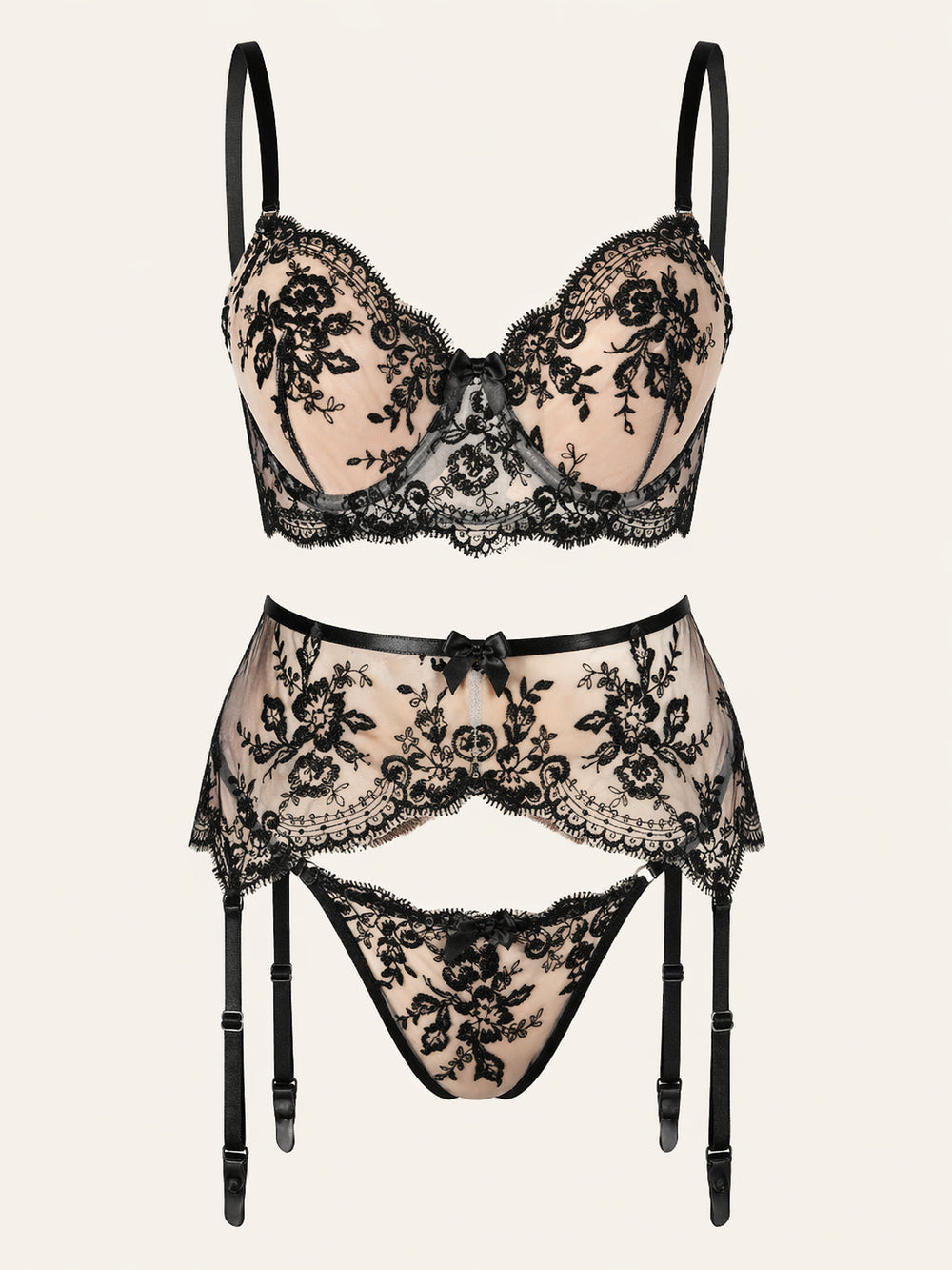 Elegant Black Floral Embroidery Mesh Lingerie Set with Scalloped Edges