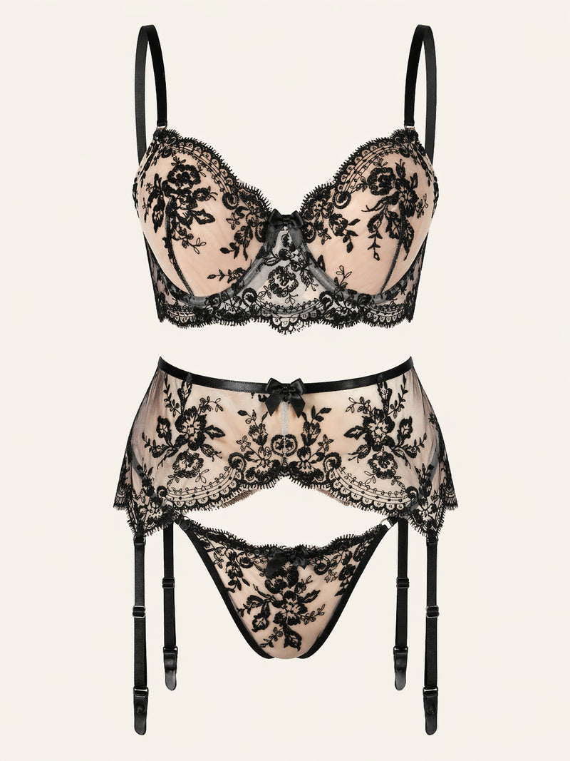 Elegant Black Floral Embroidery Mesh Lingerie Set with Scalloped Edges